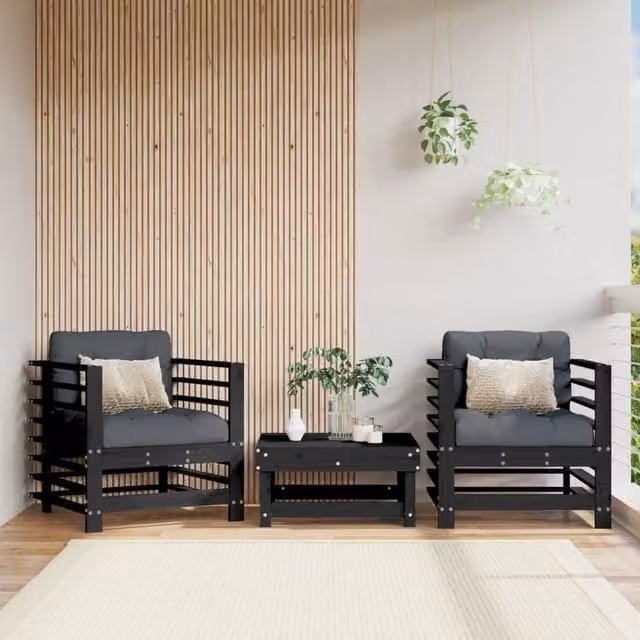 Berkfield Home Set of 2 Rustic Black Pine Garden Chairs with Fabric Cushions and Armrests