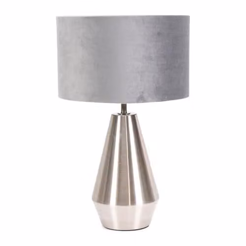 ValueLights Silver Chrome Metal Touch Dimmer Table Lamp with Grey Fabric Cylinder Shade