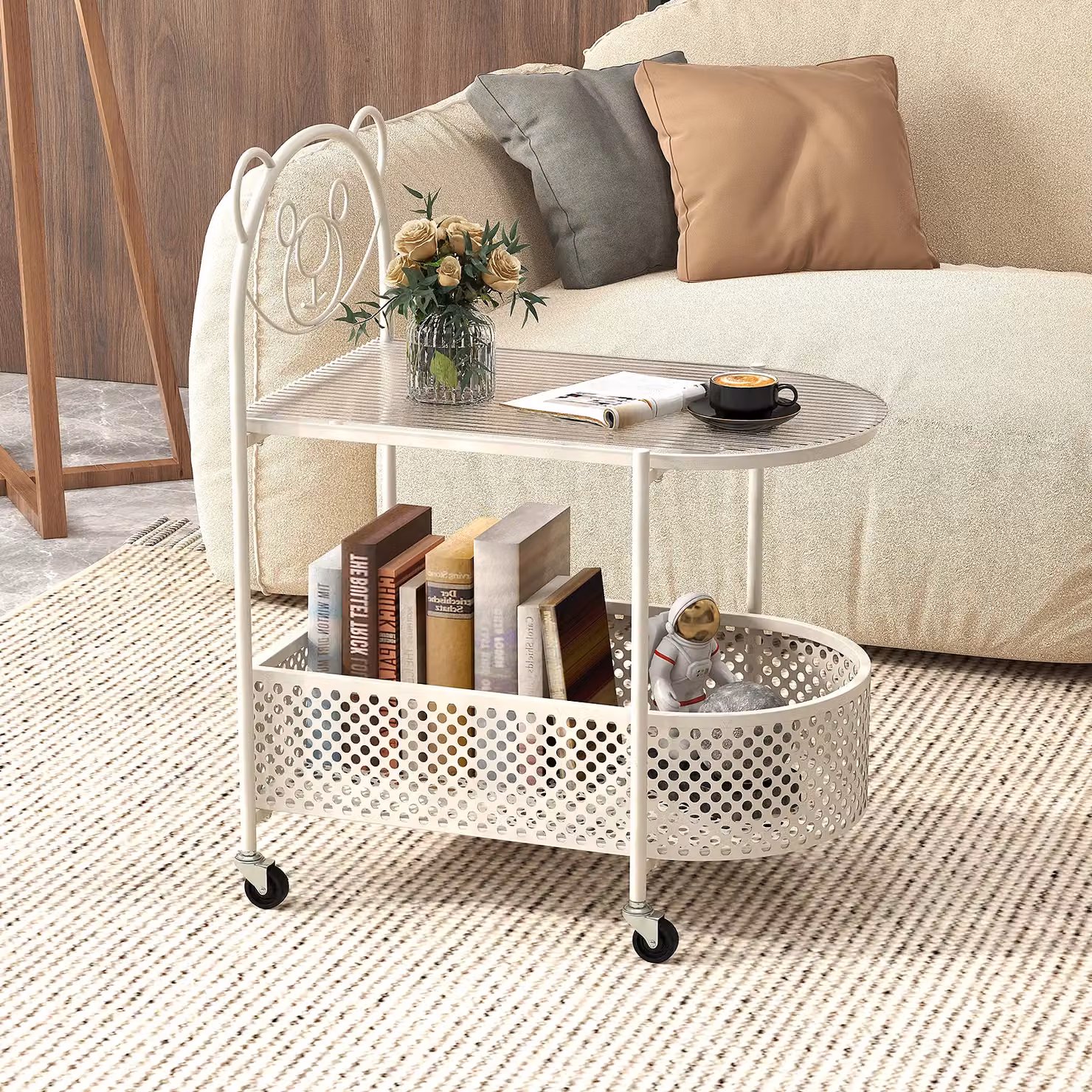 Costway Modern 2-Tier Mobile Glass Coffee Table with Castors, White – 2
