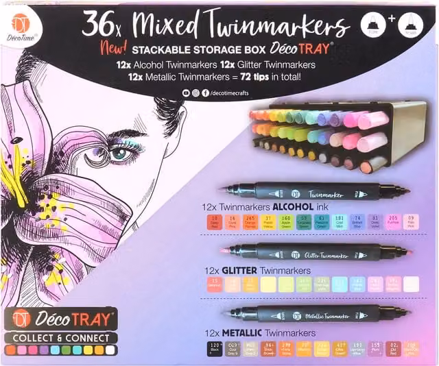 Deco Time Pack of 36 Mixed Multicolour Twin Brush Ink Markers in a Multi-Compartment Deco Tray