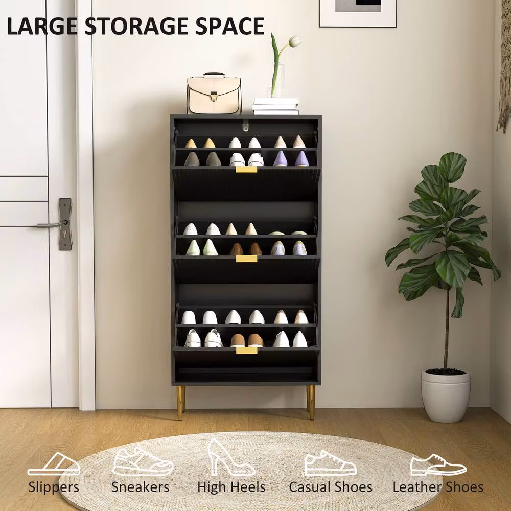 HOMCOM Slim Modern Shoe Storage Cabinet with Tilting Compartments and Internal Shelves in Black and Gold – 3