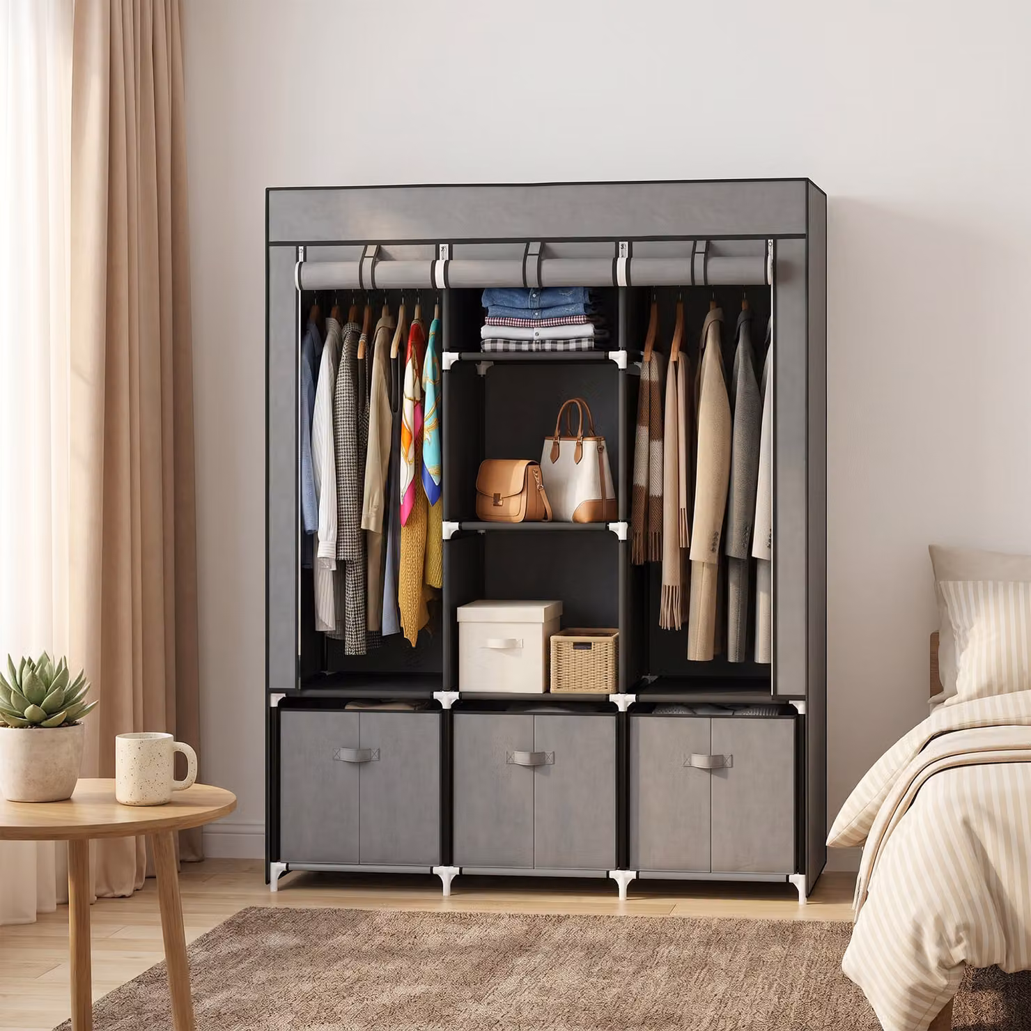 HOMCOM Portable Fabric Wardrobe with 5 Shelves, 2 Hanging Rails and 3 Drawers, Dark Grey, W: 125 cm, D: 43 cm, H: 162.5 cm – 2