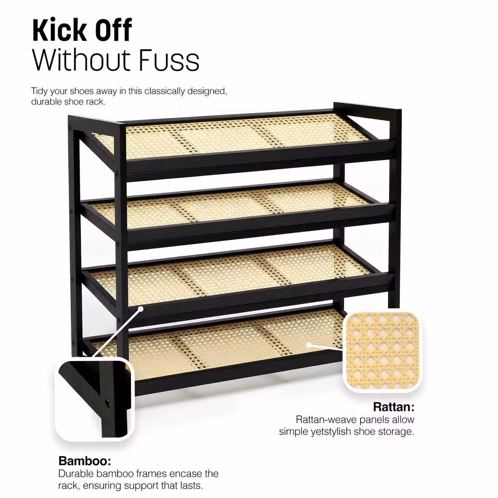 Keplin 4 Tier Bamboo and Rattan Shoe Organiser Rack in Black and Natural – 6