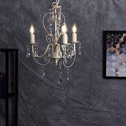 ValueLights Lille 3 Way White and Beige Classic Ceiling Light Chandelier with Acrylic Jewels and LED Bulb – 2
