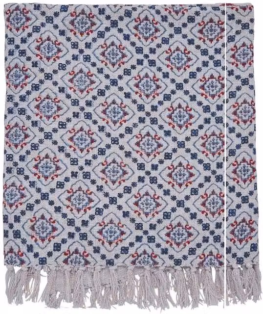 Joules Country Tiles Blue Mix Geometric Pure Cotton Throw with Fringes
