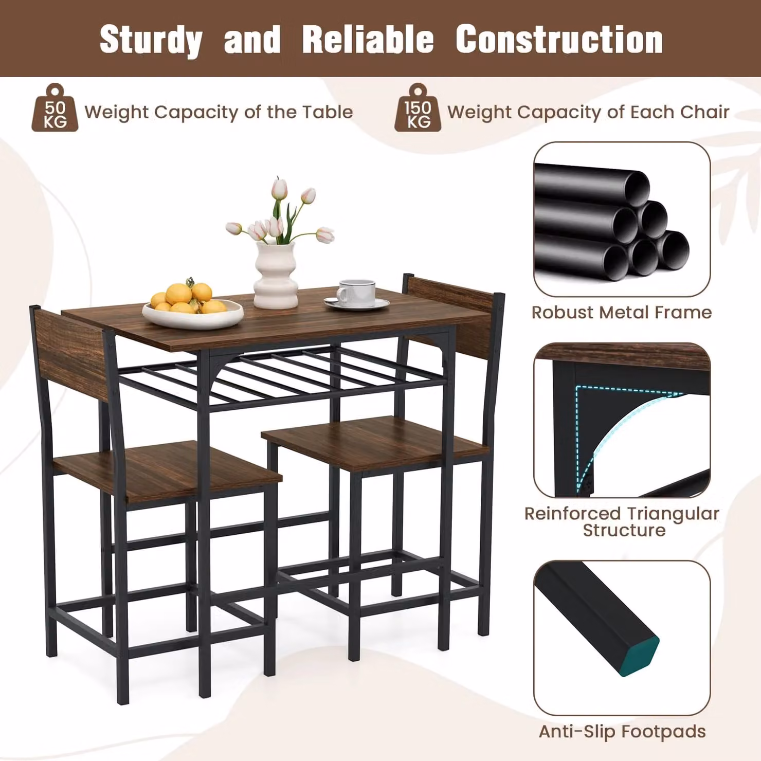 Costway 3-Piece Retro Dining Table and Chair Set in Brown with Wood and Metal Construction – 5