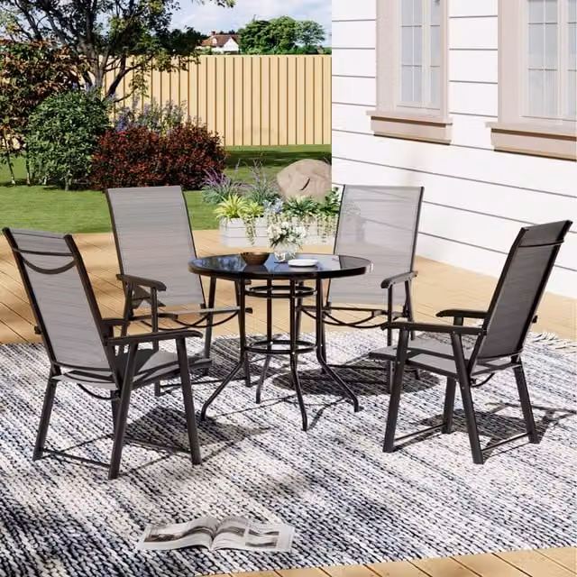 Livingandhome 5 Piece Black Modern Outdoor Bistro Dining Set with Round Glass Table