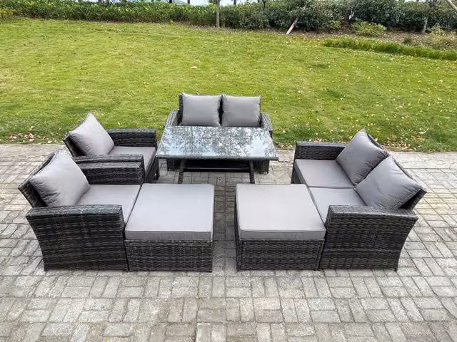 Fimous 8 Seater Grey PE Rattan Garden Dining Set with Rectangular Table, Double Sofa, Armchairs and Footstools