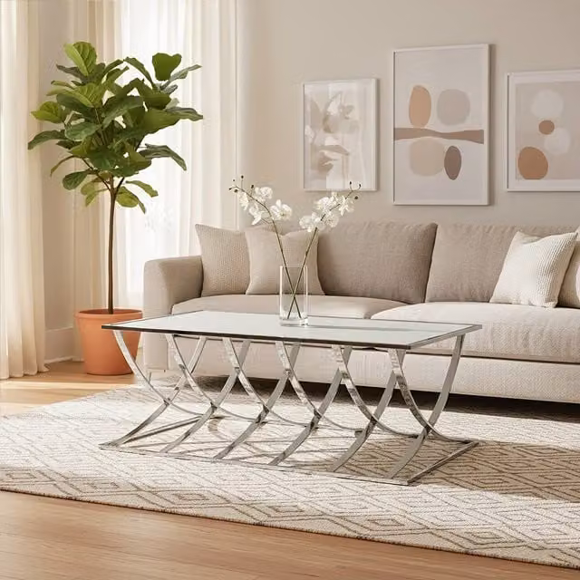 Orsina Modern Rectangular Silver Coffee Table with Glass and Metal Finish, W/D/H: 78 x 57 x 78 cm – 1