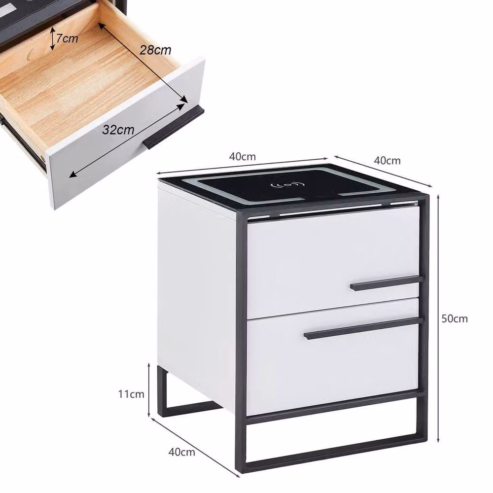 Kelvenix White Modern Bedside Table with Integrated LED Lighting and Wireless Charging, 2 Drawers – 2