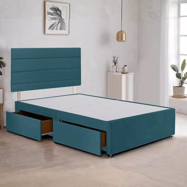 Bed Time UK Plush Velvet Divan Bed Frame with 2 Drawers and 20 inch Horizontal Headboard in Green, W/D/H: 140 x 200 cm