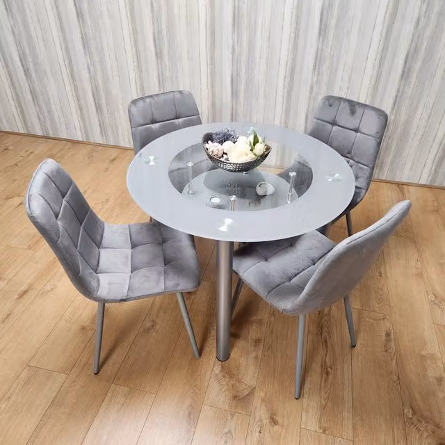 Kosy Koala Round Grey Glass Dining Table with Storage Shelf and 4 Grey Tufted Velvet Chairs