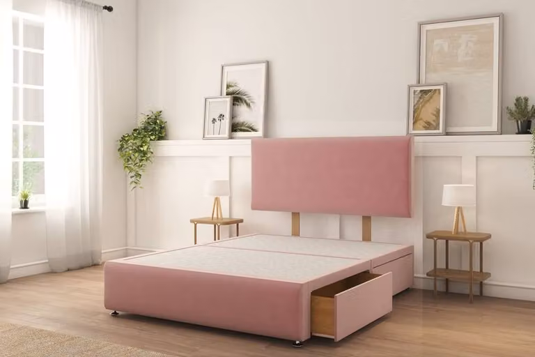 Sloomy Rutherford Plush Divan Bed Set with 2 Drawers, 26 inch Strutted Headboard and 12 inch Matching Footboard, Pink Velvet, W/D/H: 140 x 200 cm