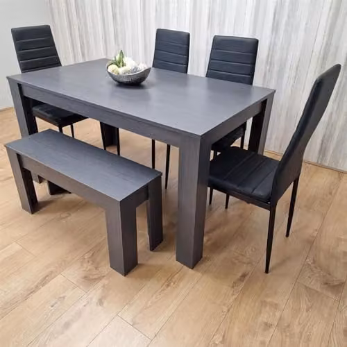 KOSY KOALA Modern Dining Set with Grey Wood Effect Table, 4 Black Chairs and Bench, W/D/H: 140 x 80 x 75 cm
