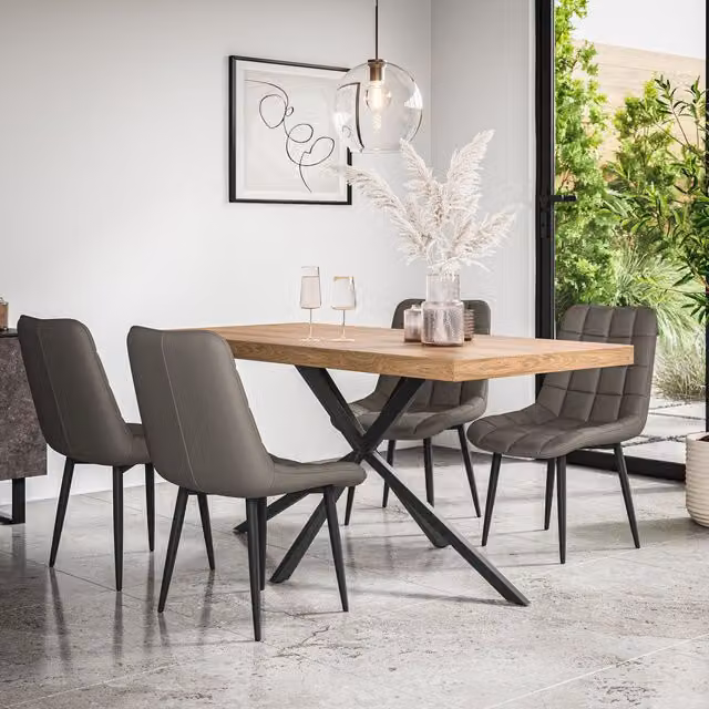 More4Homes Donni Dining Table and 4 Nova Faux Leather Chairs Set, Oak Effect and Black, W/D/H: 160 x 80 x 76 cm