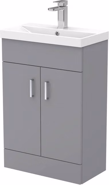 Balterley Satin Grey Compact 2 Door Bathroom Vanity Basin Unit with Soft Close Hinged Doors, Width: 55 cm