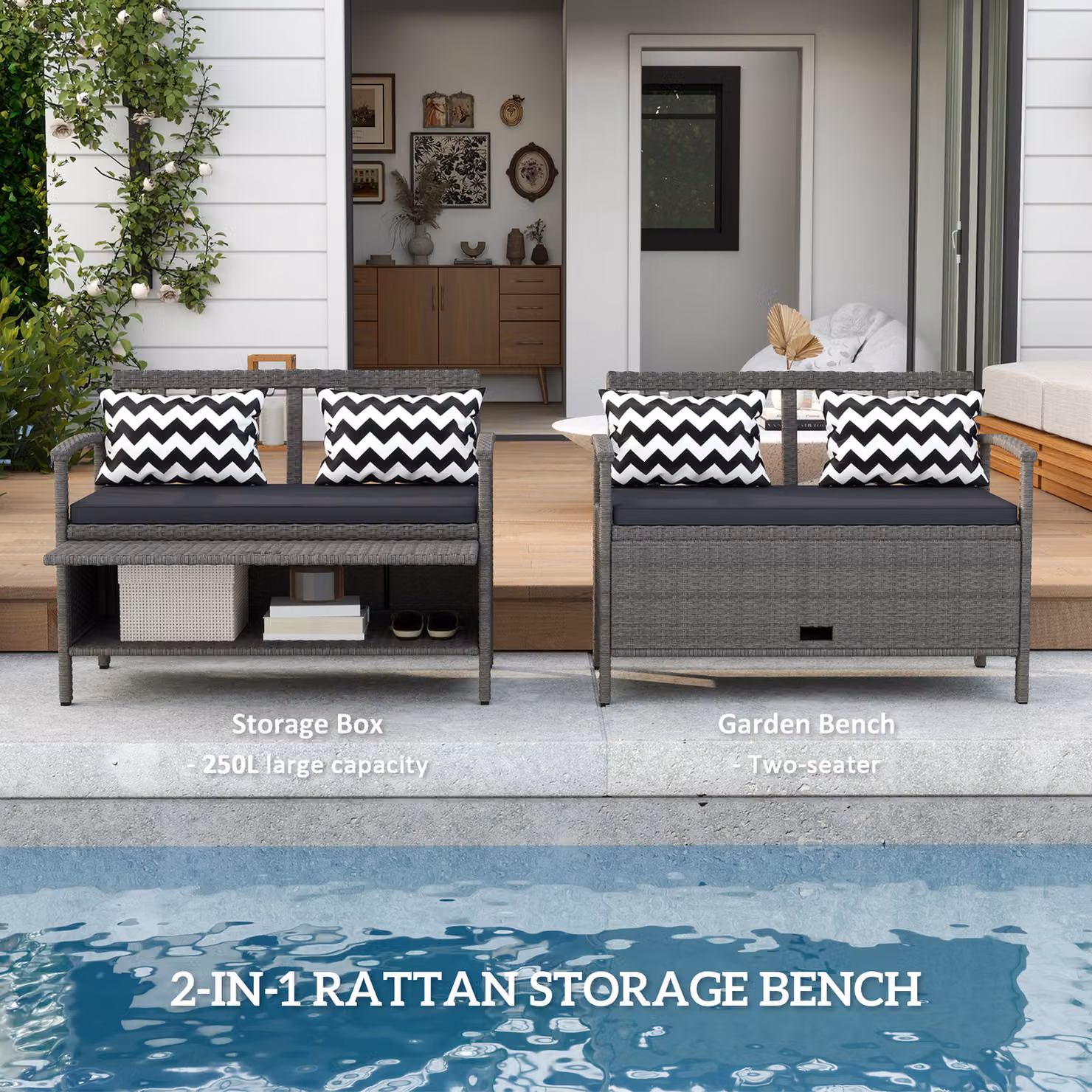 Outsunny 160L Grey Rattan Two-Seater Storage Bench – 4