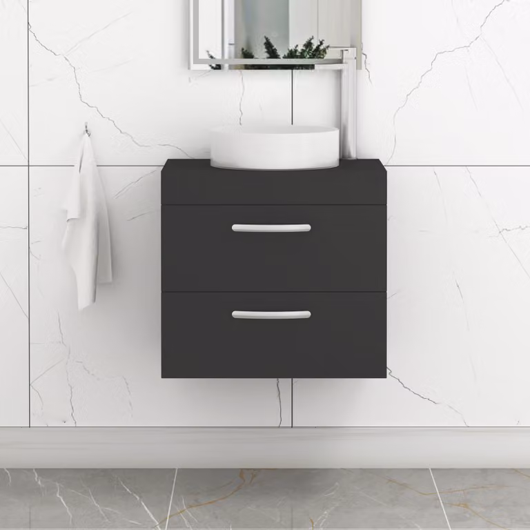 Royal Bathrooms Turin Wall Hung 2 Drawer Vanity Unit with Countertop Basin in Matt Black and Brushed Brass Handle, Width: 50 cm