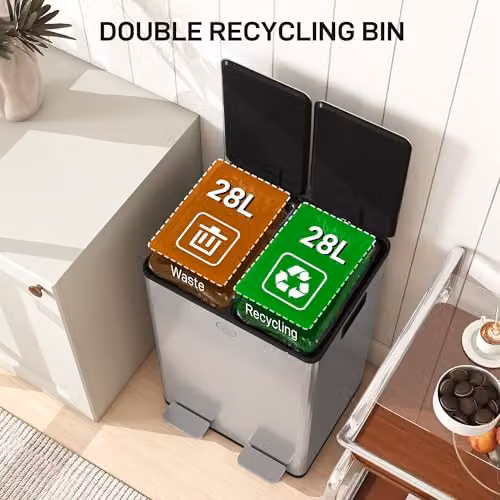 HOMCOM Dual Kitchen Pedal Bin with Soft Close Lids and Odour Filter, 2 x 28L, Silver Stainless Steel – 3