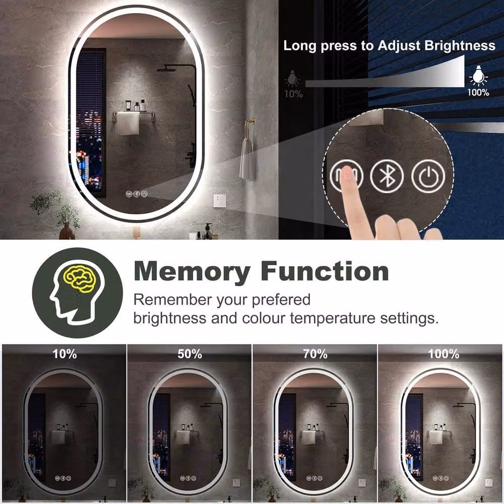 PAWNORA Illuminated Bluetooth Bathroom Mirror with LED Light, Silver, W: 50 cm, H: 70 cm – 2