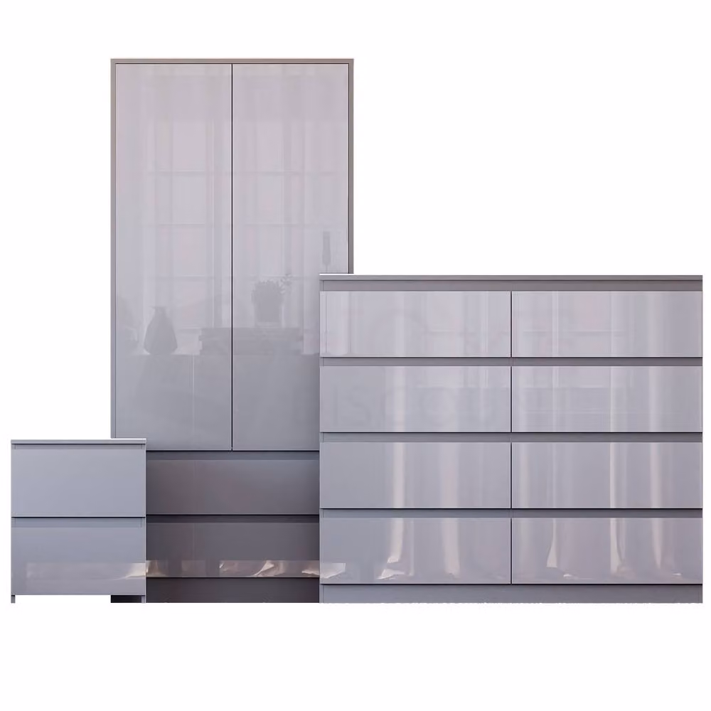 Vida Designs Glinton 3 Piece Grey Glossy Bedroom Set Including 2 Bedside Tables, 8 Drawer Chest and Wardrobe – 2