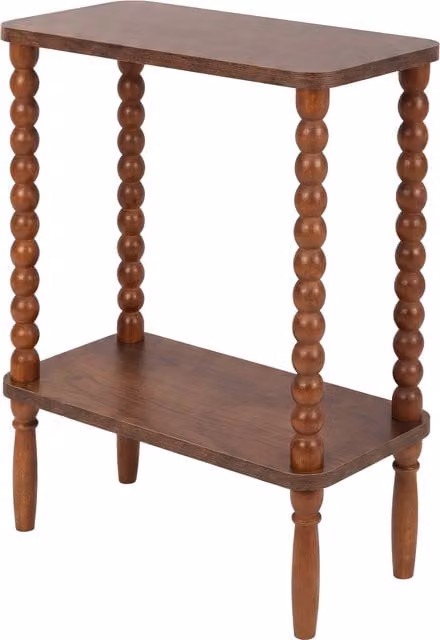 Levede Brown 2-Tier Narrow Side Table with Rubberwood Legs and MDF Storage