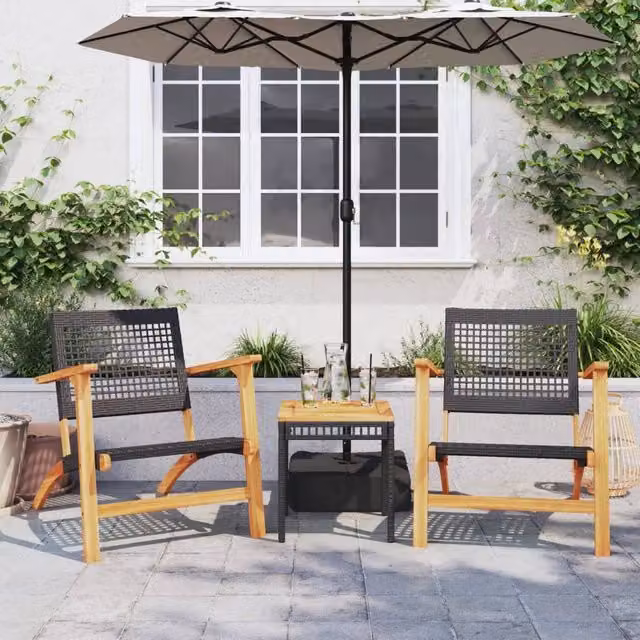Berkfield Home 3 Piece Bistro Set in Black Poly Rattan and Solid Acacia Wood