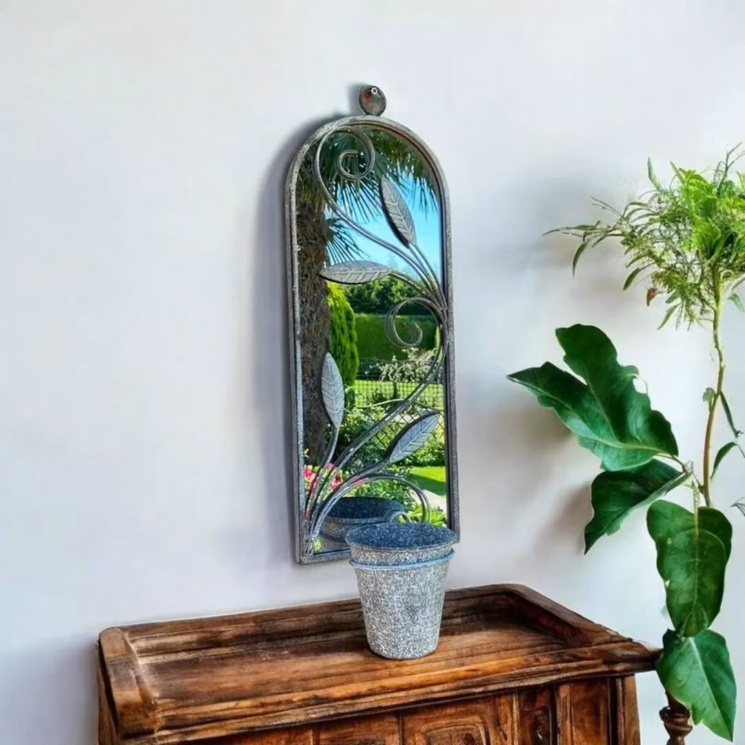 Minster Wall Mirror with Single Planter in Grey Distressed Metal, W: 20 cm, H: 65 cm – 2