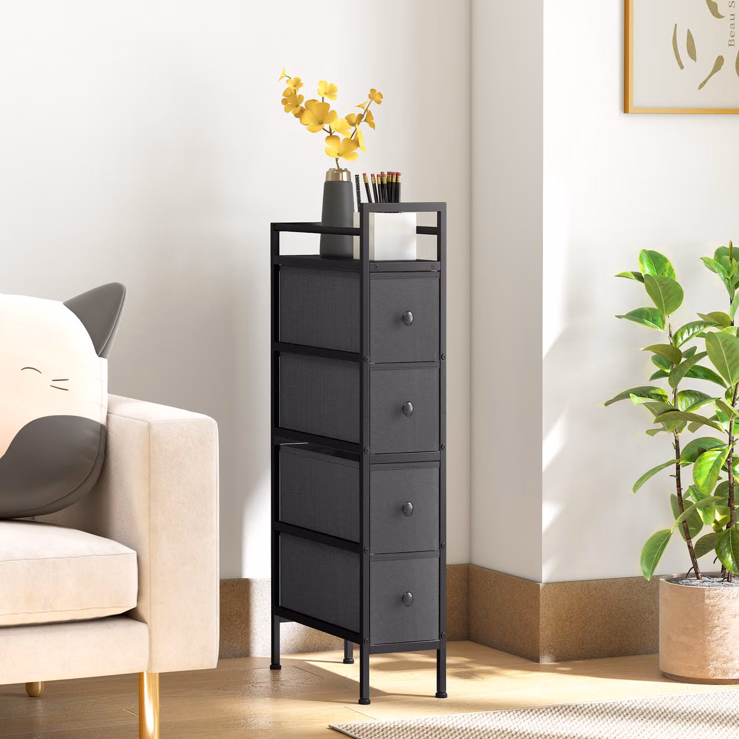 HOMCOM 4 Drawer Fabric Dresser Chest of Drawers with Steel Frame, Black – 7
