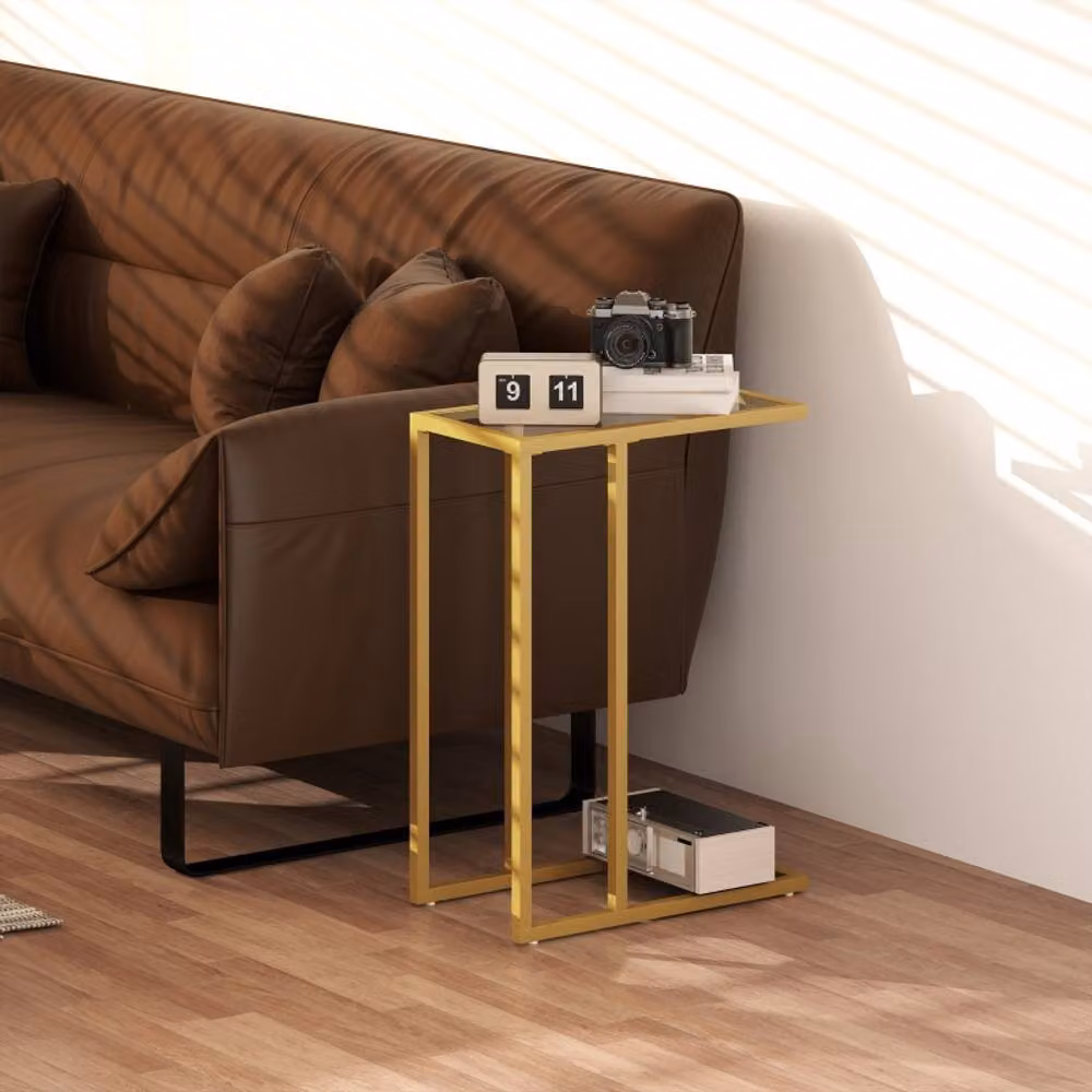 STILVORA C-Shaped Side Table with Glass Top and Gold Steel Frame – 5