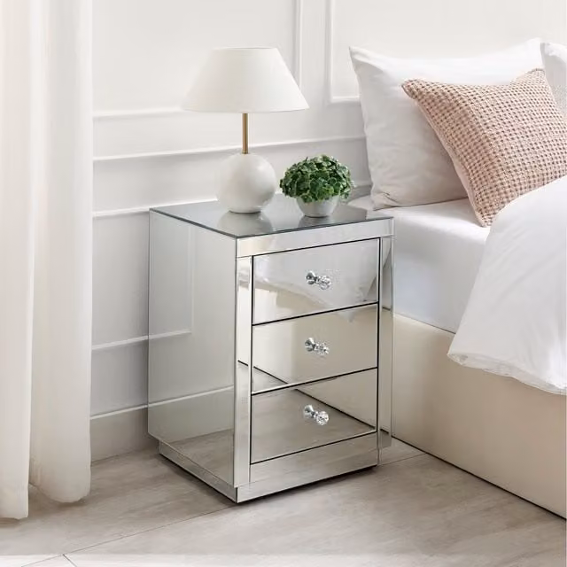 FurnitureboxUK Italian Inspired Contemporary Mirrored 3 Drawer Rectangular Bedside Table with Crystalline Shaped Handles in Silver and Grey