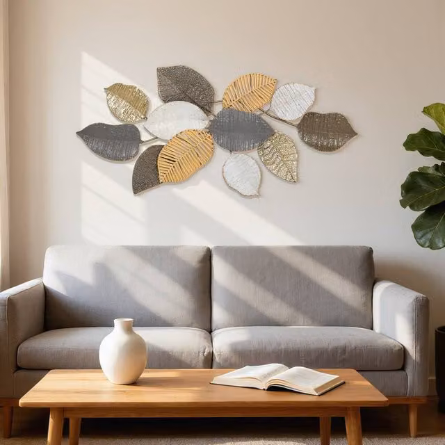 HOMCOM Modern Metal Floral Wall Art with Botanical Leaf Design in Beige – 1