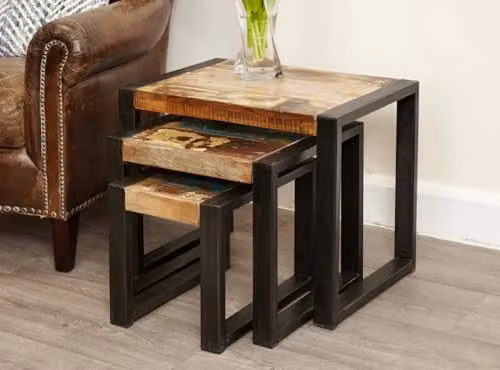 baumhaus Urban Chic Funky Nest of Tables in Brown Multicolour Reclaimed Wood
