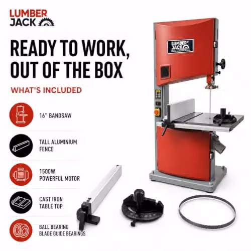 Lumberjack 16 inch Professional Floorstanding Bandsaw with Wheel Kit in Red – 13