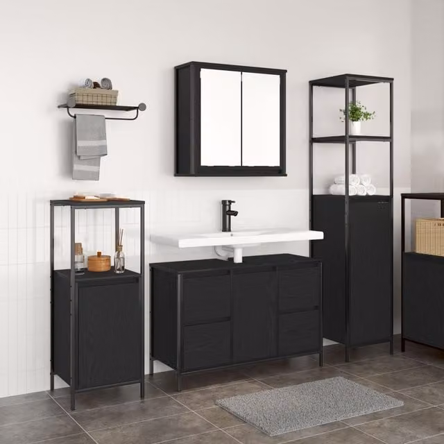 Berkfield Home 3 Piece Modern Black Oak Bathroom Furniture Set with Vanity Unit