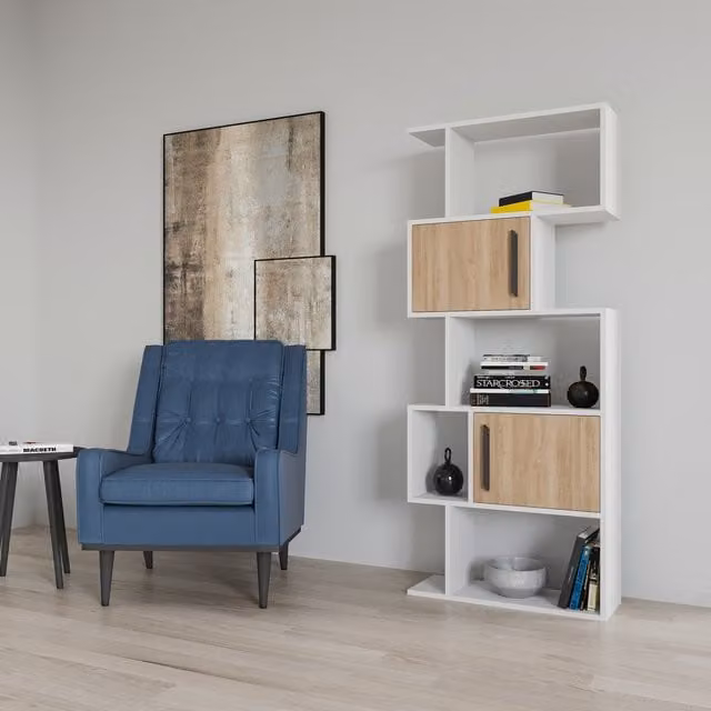 Decorotika Raven Bookcase with Cabinets in White and Metal, H: 173 cm, W: 71 cm