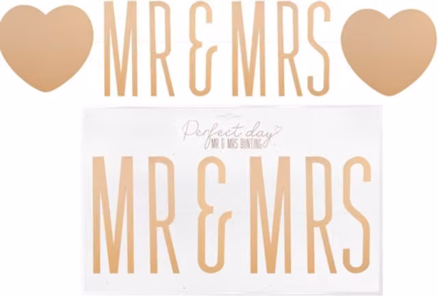 Gold Mr and Mrs Wedding Bunting with Letters and Hearts