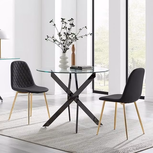 FurnitureboxUK Novara Round Glass Dining Table with Black Legs and 2 Corona Gold Faux Leather Chairs, Diameter: 100 cm