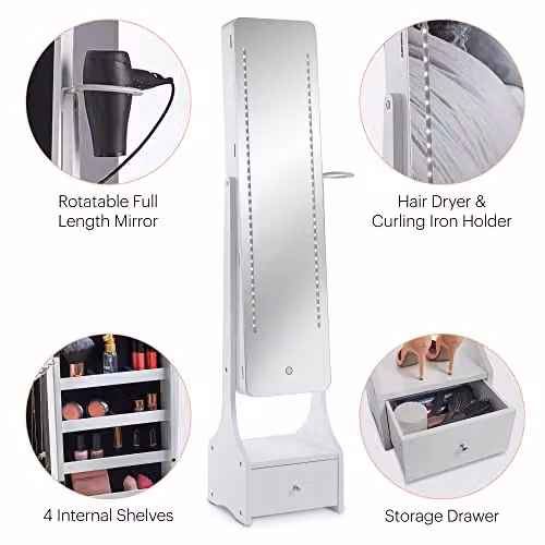 BTFY White Freestanding Mirror Jewellery Cabinet with LED Lighting and Storage Drawers, H 158 x W 47 x D 33 cm – 4