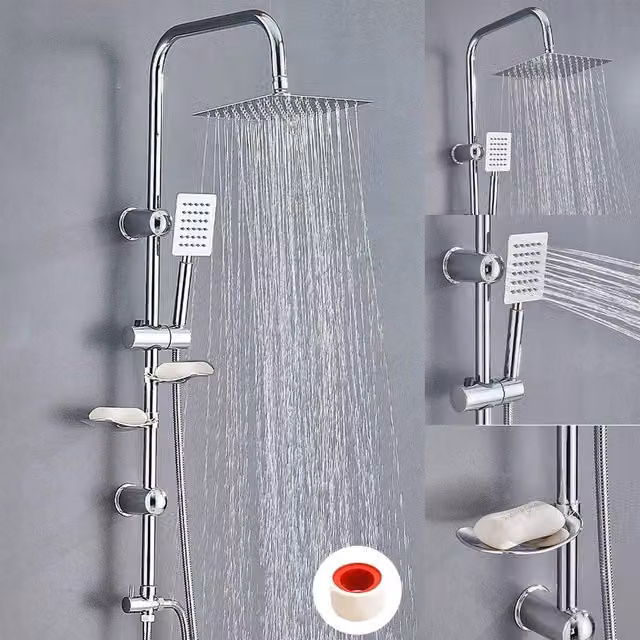 Ventryn Large Square Chrome Shower Set with Twin Head Waterfall Riser and Diverter in Silver