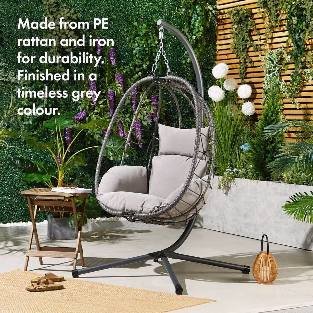 VonHaus Grey Rattan Hanging Egg Chair for Garden and Boho Style W/D/H: 100 x 15 x 198 cm – 2