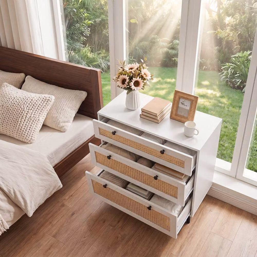 Gymax Boho Rattan Modern Chest of Drawers with 5 Metal Legs in White, Width: 75 cm – 3