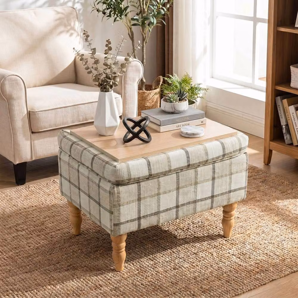 Havendro Beige Linen Fabric Upholstered Rectangular Footstool with Removable Cover – 5