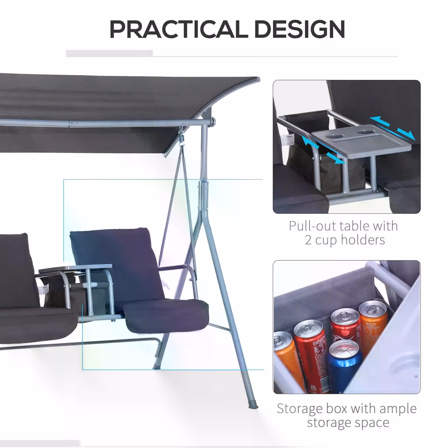 Outsunny Grey 2-Seater Steel Frame Swing Chair with Table and UV-Resistant Sun Canopy – 4