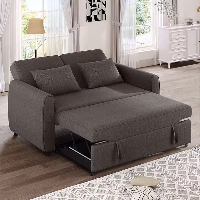 Komore Modern Convertible Fabric Sofa Bed with Pull Out Drawer and 2 Pillows in Grey
