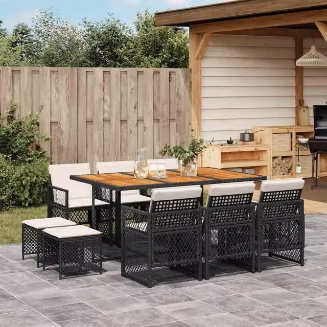 Berkfield Home 11 Piece Black Poly Rattan Garden Dining Set with Acacia Wood Table and Cushions – 1