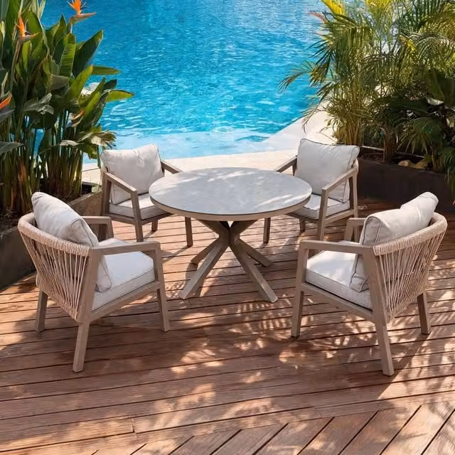 FURNITURE ONE 4 Seater Aluminium and Glass Garden Dining Set with 120 cm Round Table in Beige and Grey – 1