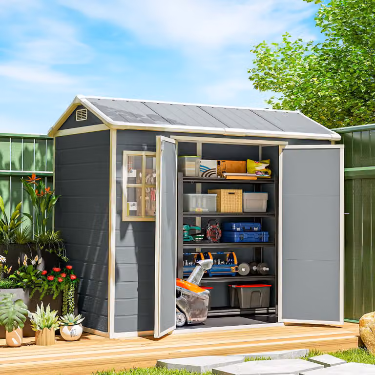 Outsunny Wood-Effect Resin Garden Shed in Light Grey with Windows, Lockable Double Doors and Floor, W: 243.84 cm, D: 119.38 cm, H: 170.18 cm