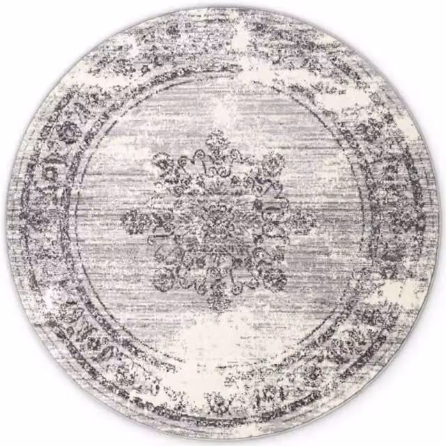 THE RUGS Gloria Lydia Round Vintage Oriental Short Pile Rug in Grey, Diameter: 120 cm – 1