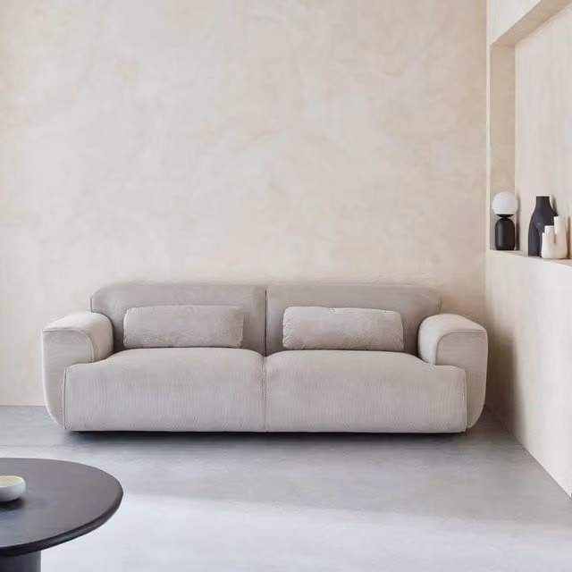 sweeek 3-Seater Corduroy Upholstered Sofa in Beige with Scatter Cushions, W: 231 cm, H: 71 cm, D: 99 cm